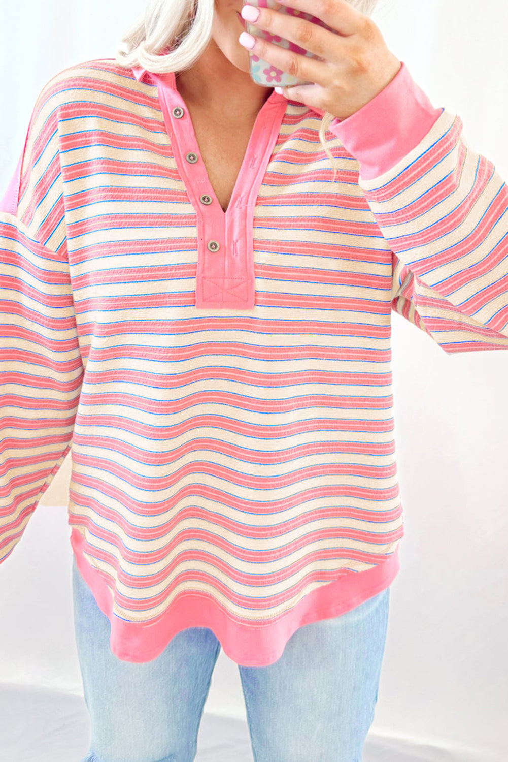 Blue Stripe Buttoned V Neck Collared Drop Shoulder Top