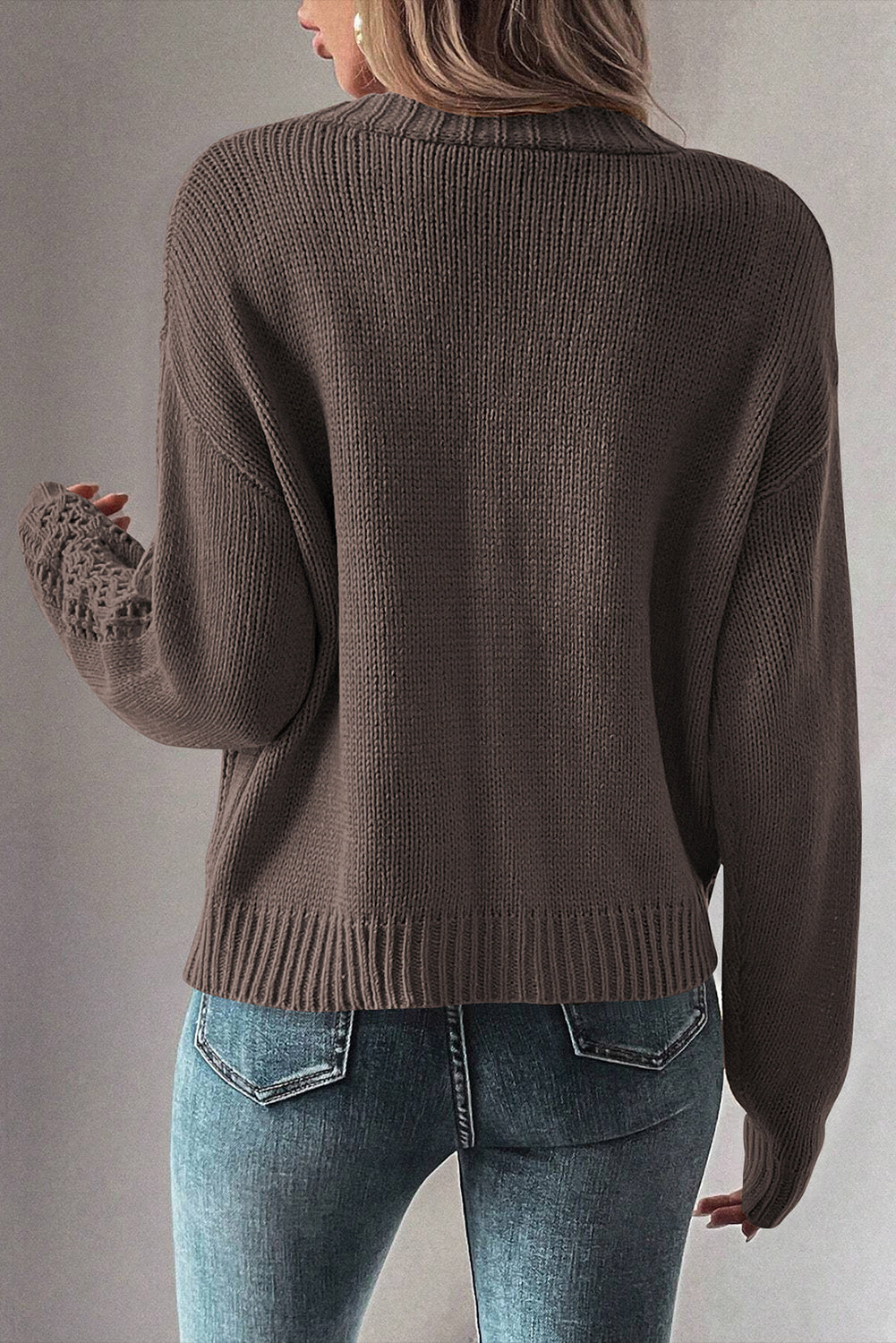 Black Open Knit Drop Shoulder Sweater Cardigan