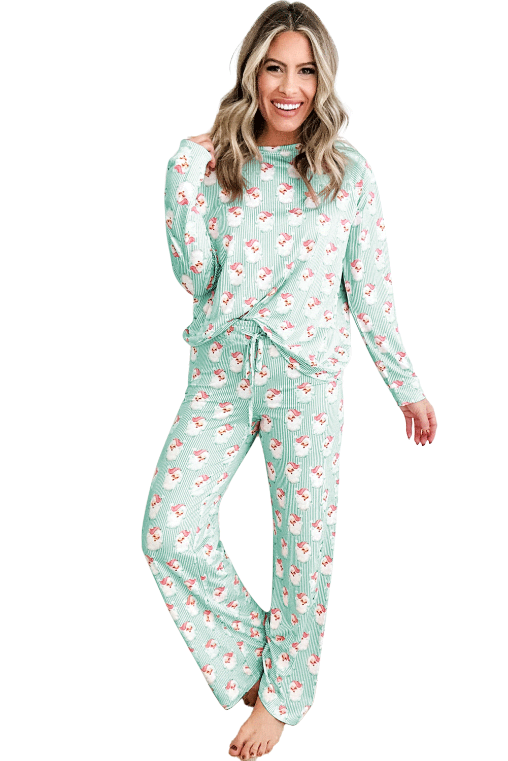 Sky Blue Santa Claus Striped Print Loose Fit Two Piece Lounge Set