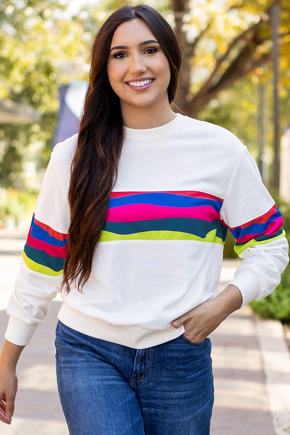 Green Colorful Striped Accent Long Sleeve T Shirt