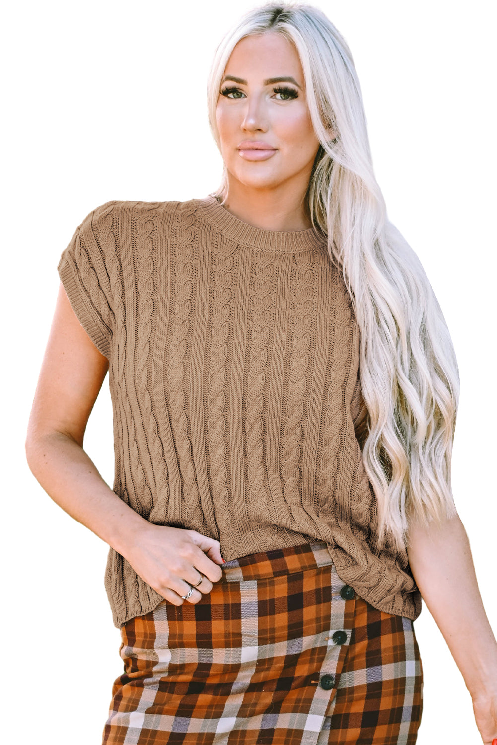Black Crew Neck Cable Knit Short Sleeve Sweater