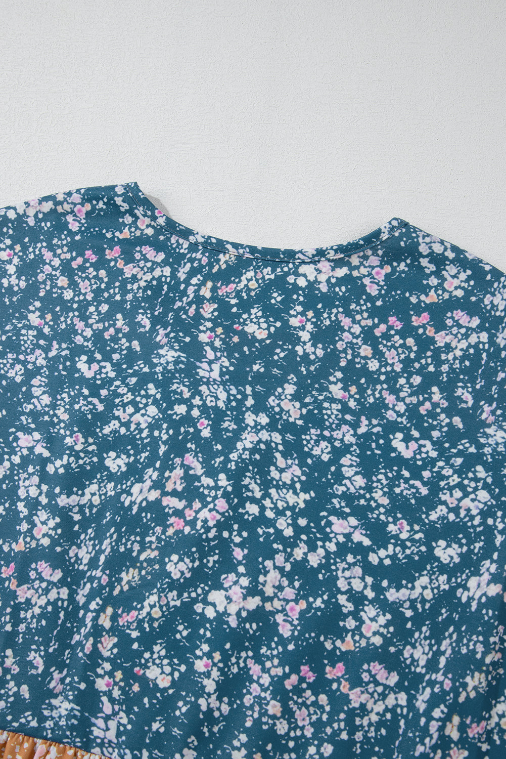 Blue Floral Color Block Patchwork Ruffled Hem Round Neck Blouse
