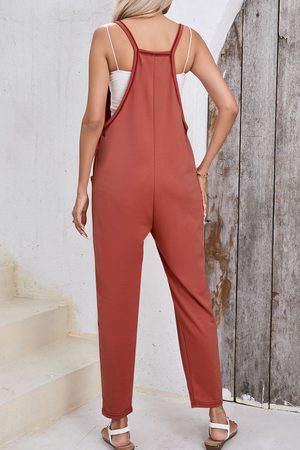 Apricot Side Pockets Harem Pants Sleeveless V Neck Jumpsuit