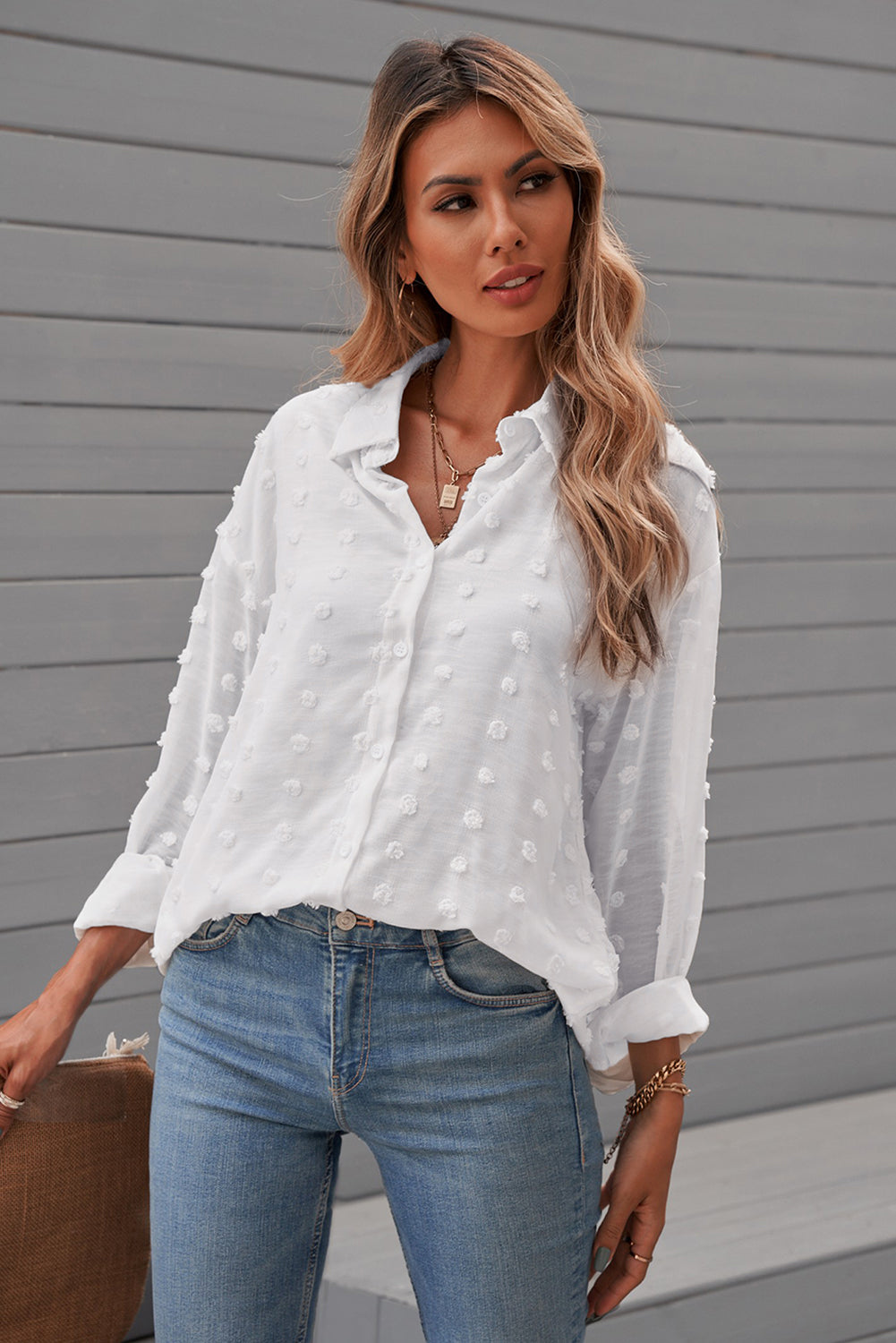 Gray Long Sleeve Button Fuzzy Polka Dot Shirt