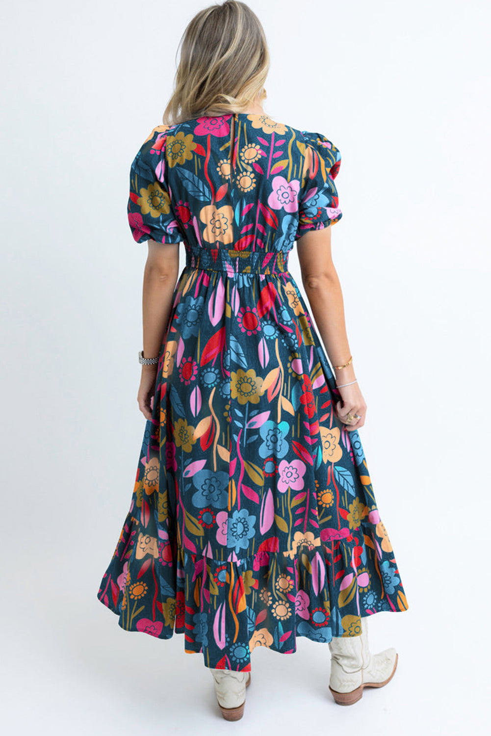 Black Retro Floral Printed Split Neck Maxi Dress