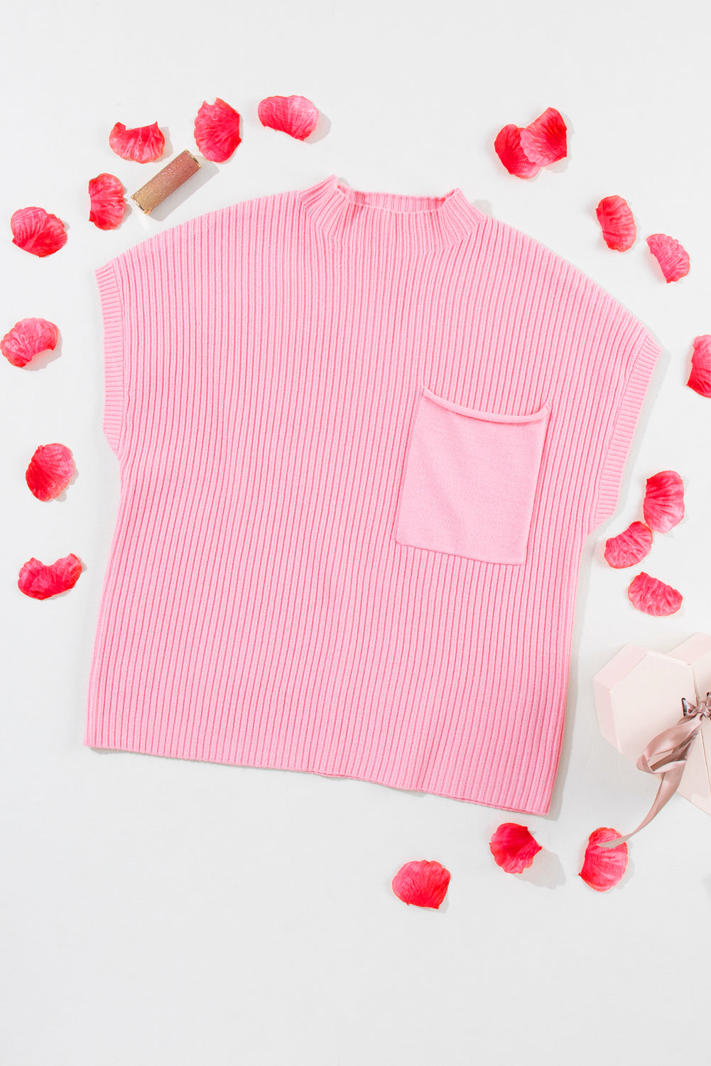 Beau Blue Patch Pocket Ribbed Knit Short Sleeve Sweater