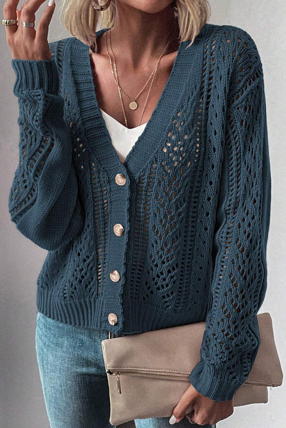 Black Open Knit Drop Shoulder Sweater Cardigan