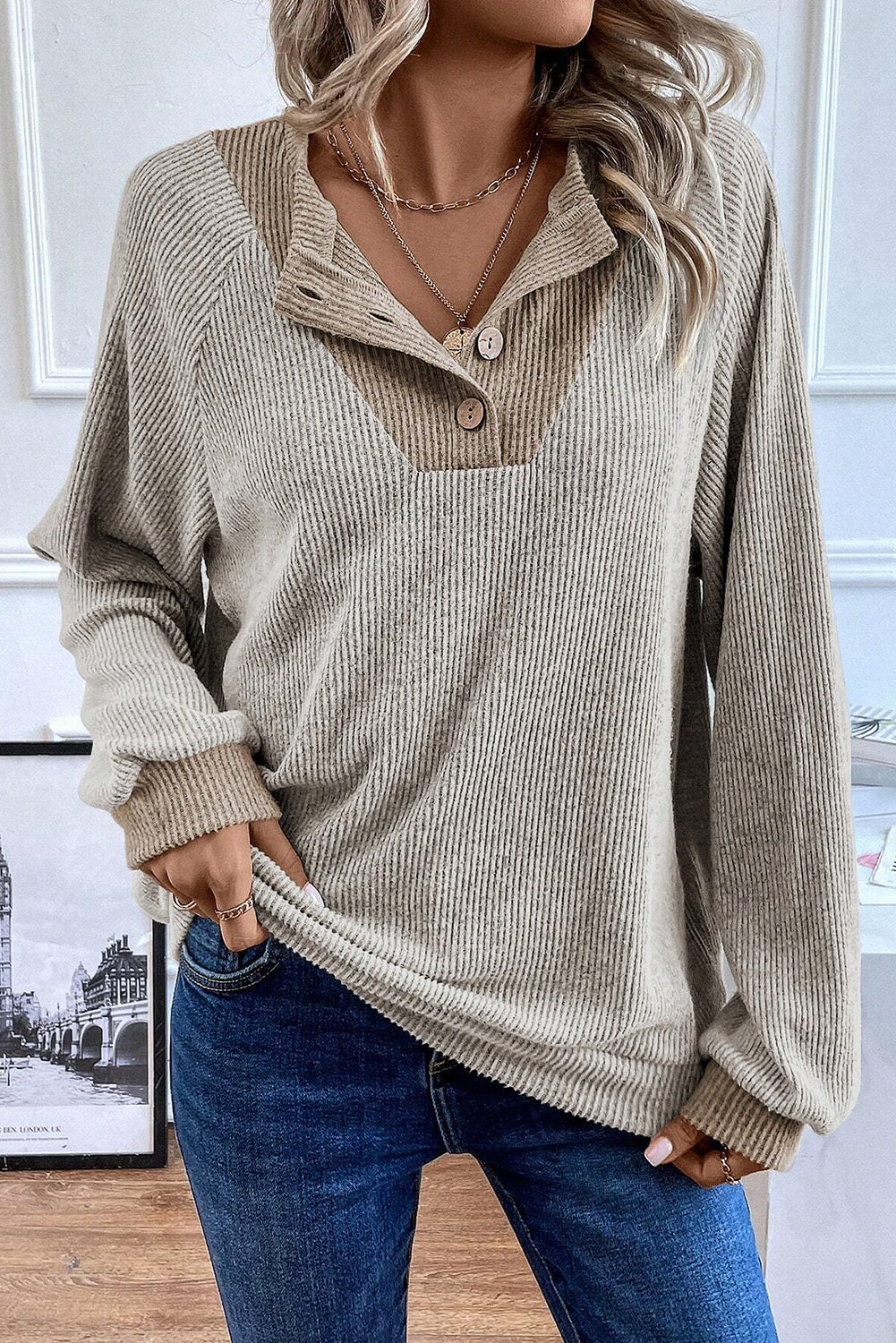 Black Color Contrast Ribbed Loose Fit Long Sleeve Top