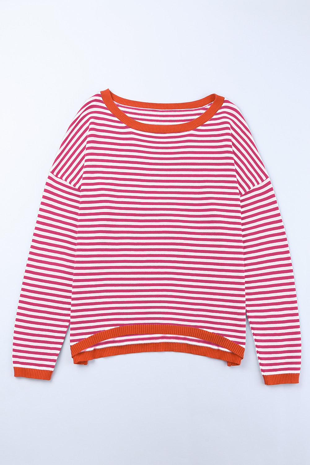 Fiery Red Contrast Trimmed Striped Drop Shoulder Sweater