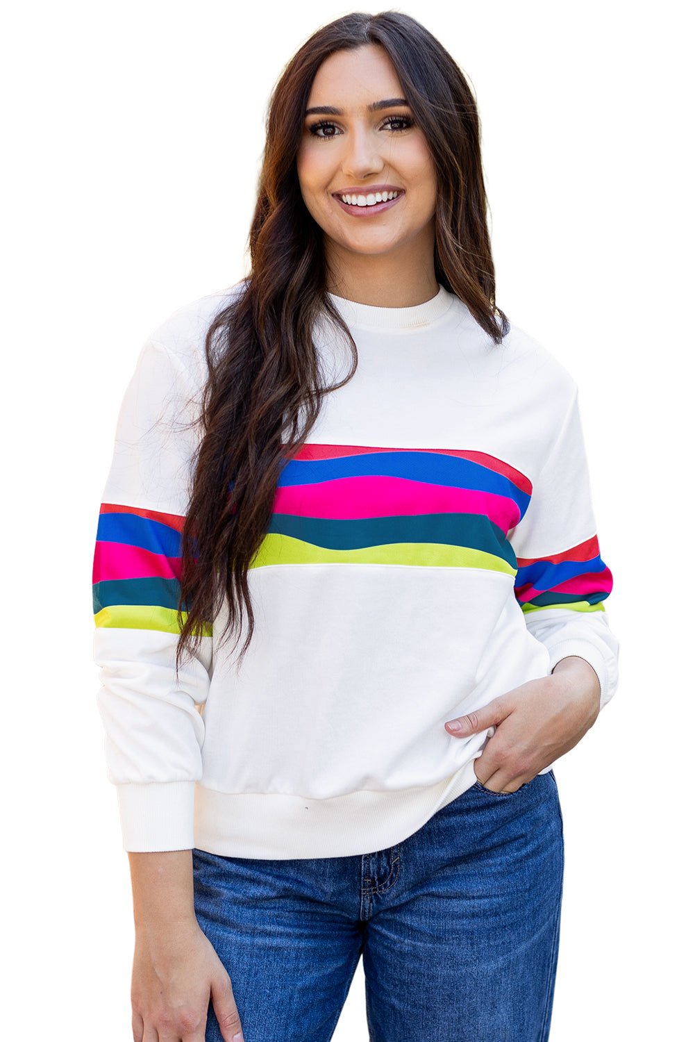 Green Colorful Striped Accent Long Sleeve T Shirt