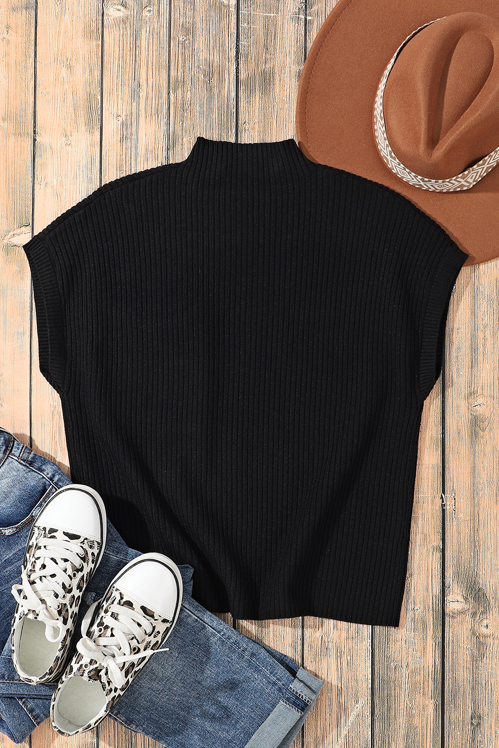 Beau Blue Patch Pocket Ribbed Knit Short Sleeve Sweater