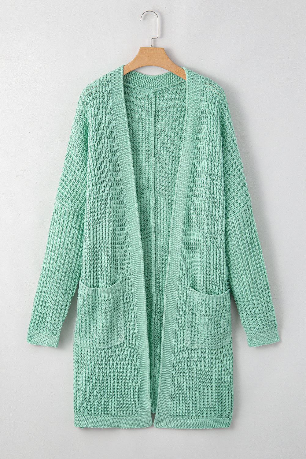 Green Long Line Open Front Knitted Cardigan with Pockets