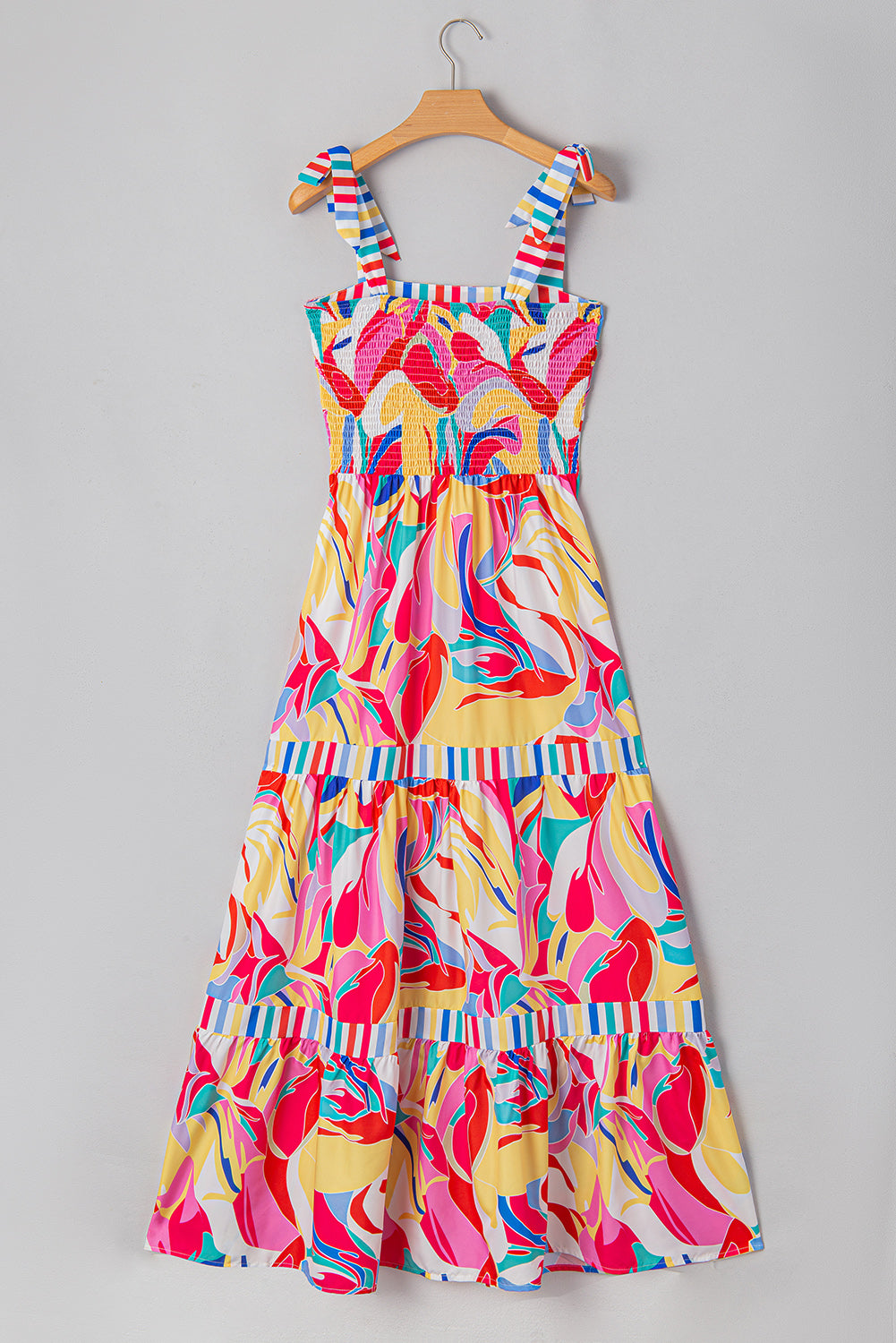 Multicolor Abstract Print Striped Trim Maxi Sundress