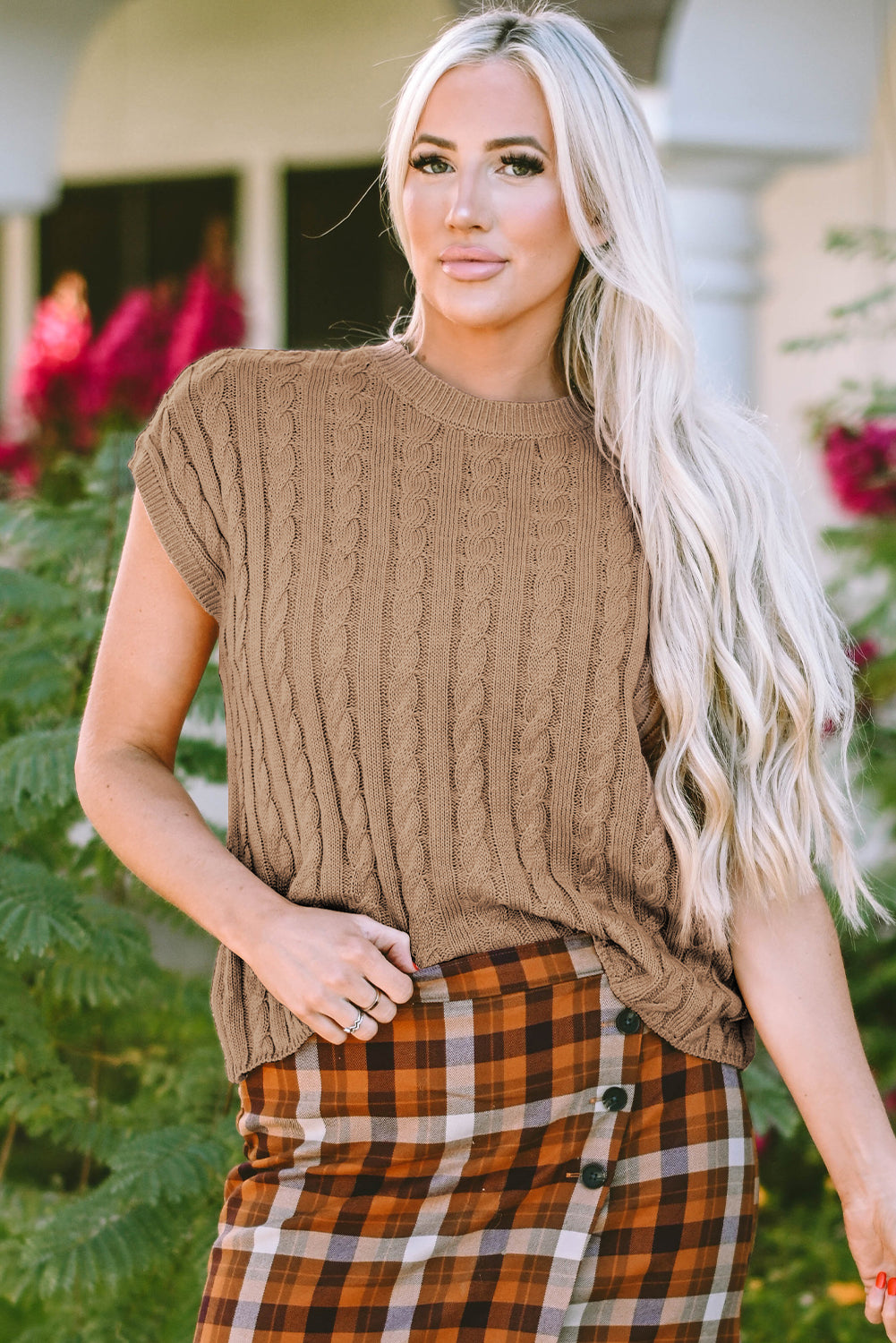 Black Crew Neck Cable Knit Short Sleeve Sweater