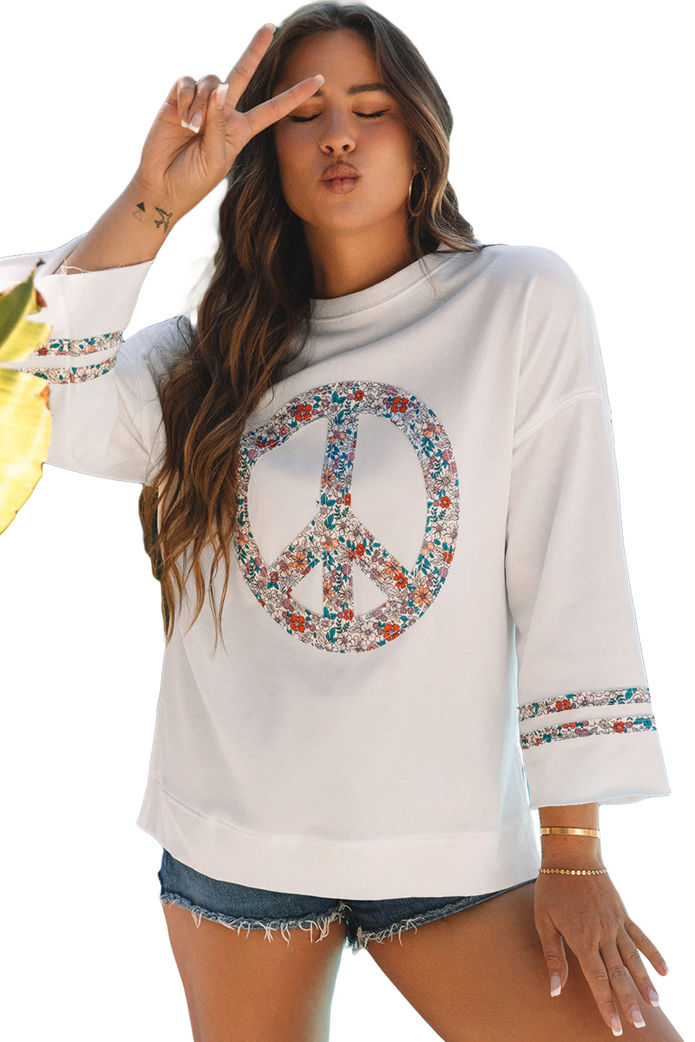 Light Pink Floral Peace Sign Graphic Drop Shoulder Wide Sleeve Casual Top