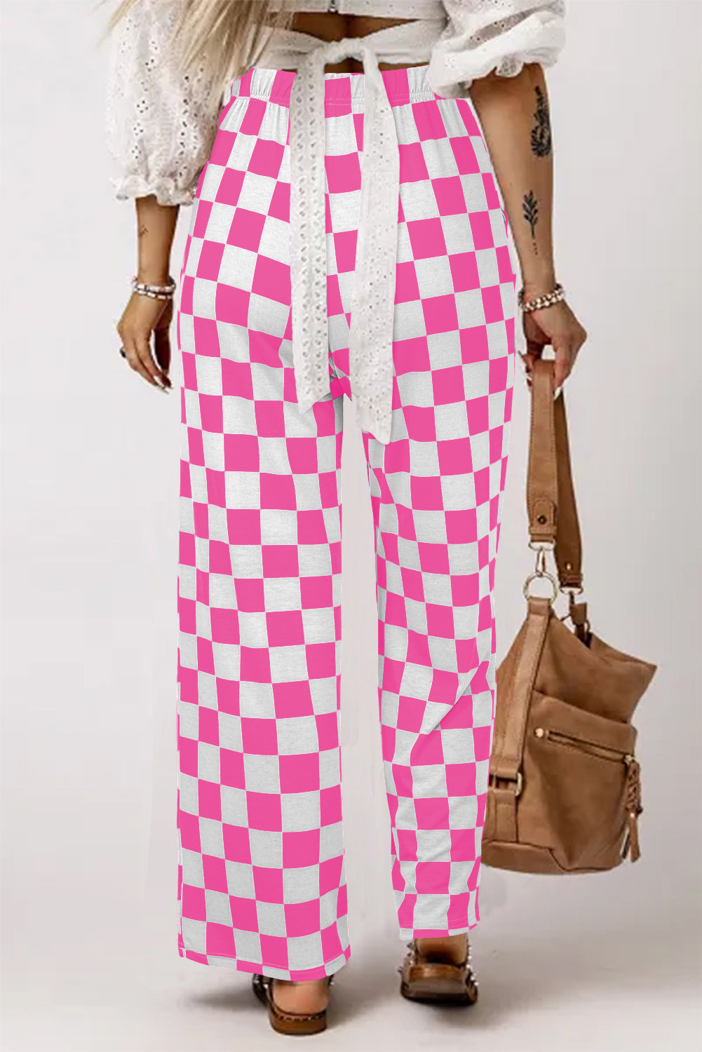 Green 2-Tone Checked Print High Waist Wide Leg Pants
