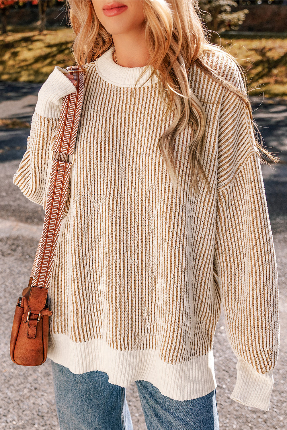Dark Blue Striped Textured Knit Contrast Edge Loose Sweater