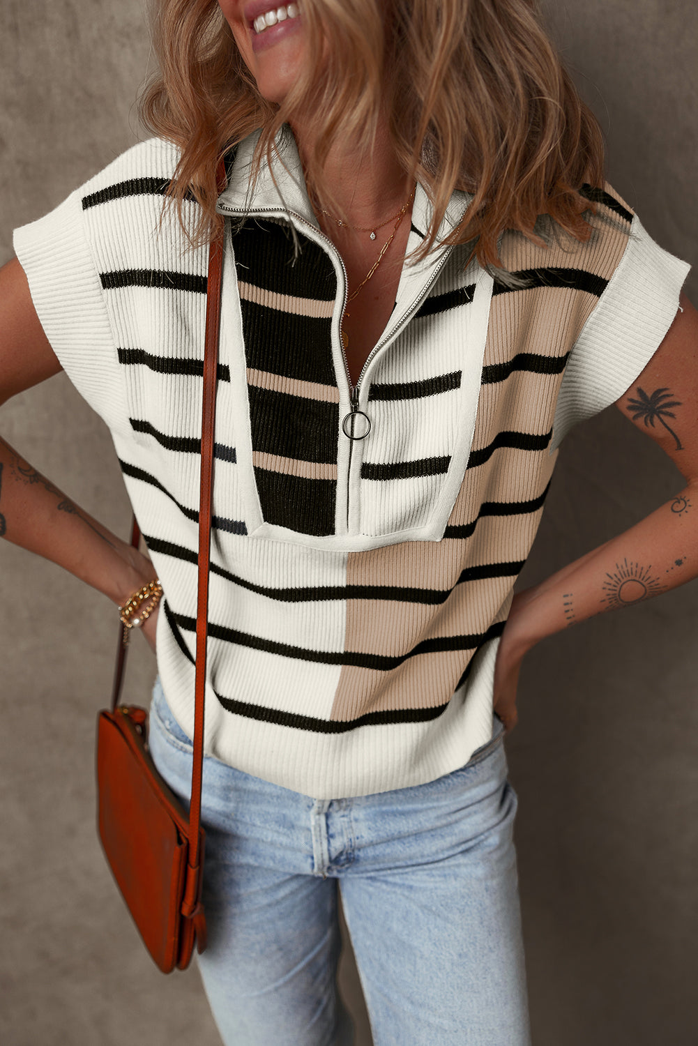 Sky Blue Stripe Colorblock Quarter Zip Collar Sweater Vest