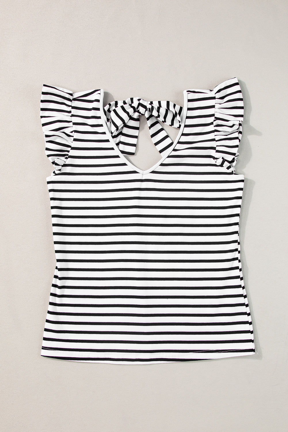 Pink Stripe Butterfly Sleeve V Neck Hollowed Knot Back T Shirt