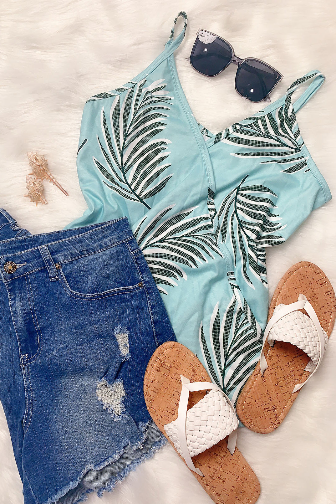 White Tropical Plant Print Tank Top