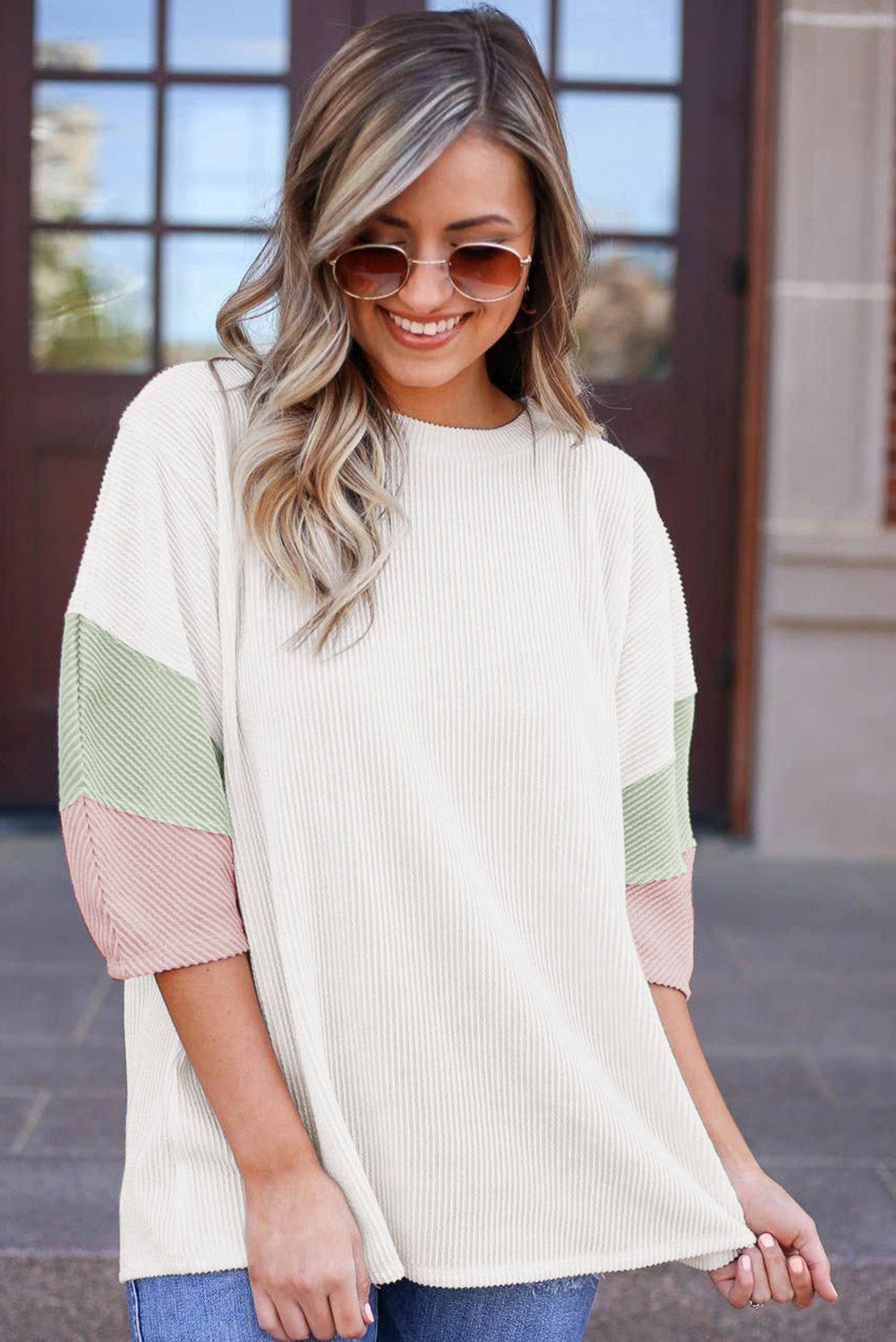 Carbon Grey Color Block Ribbed Knit Quarter Sleeve Top