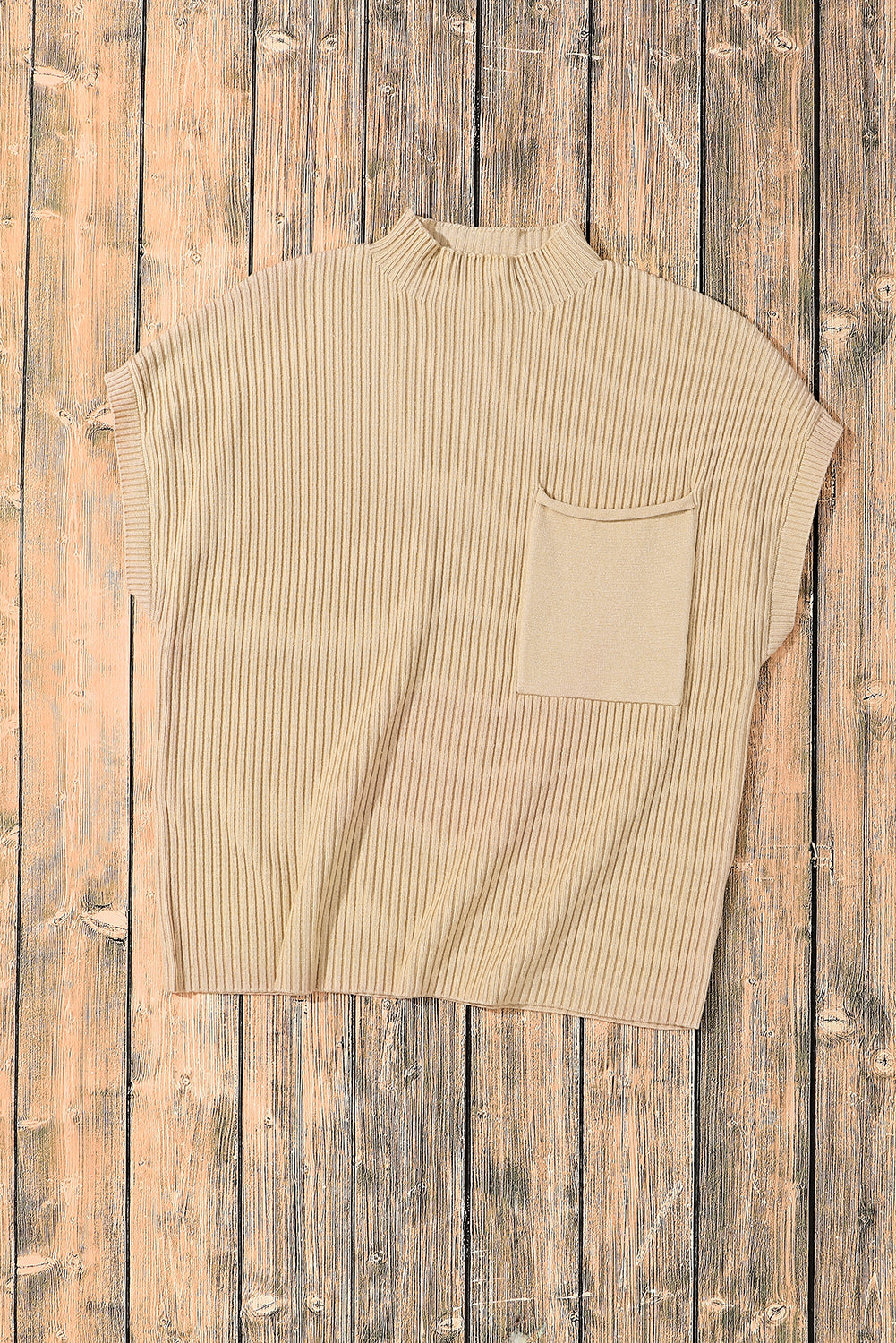 Beau Blue Patch Pocket Ribbed Knit Short Sleeve Sweater