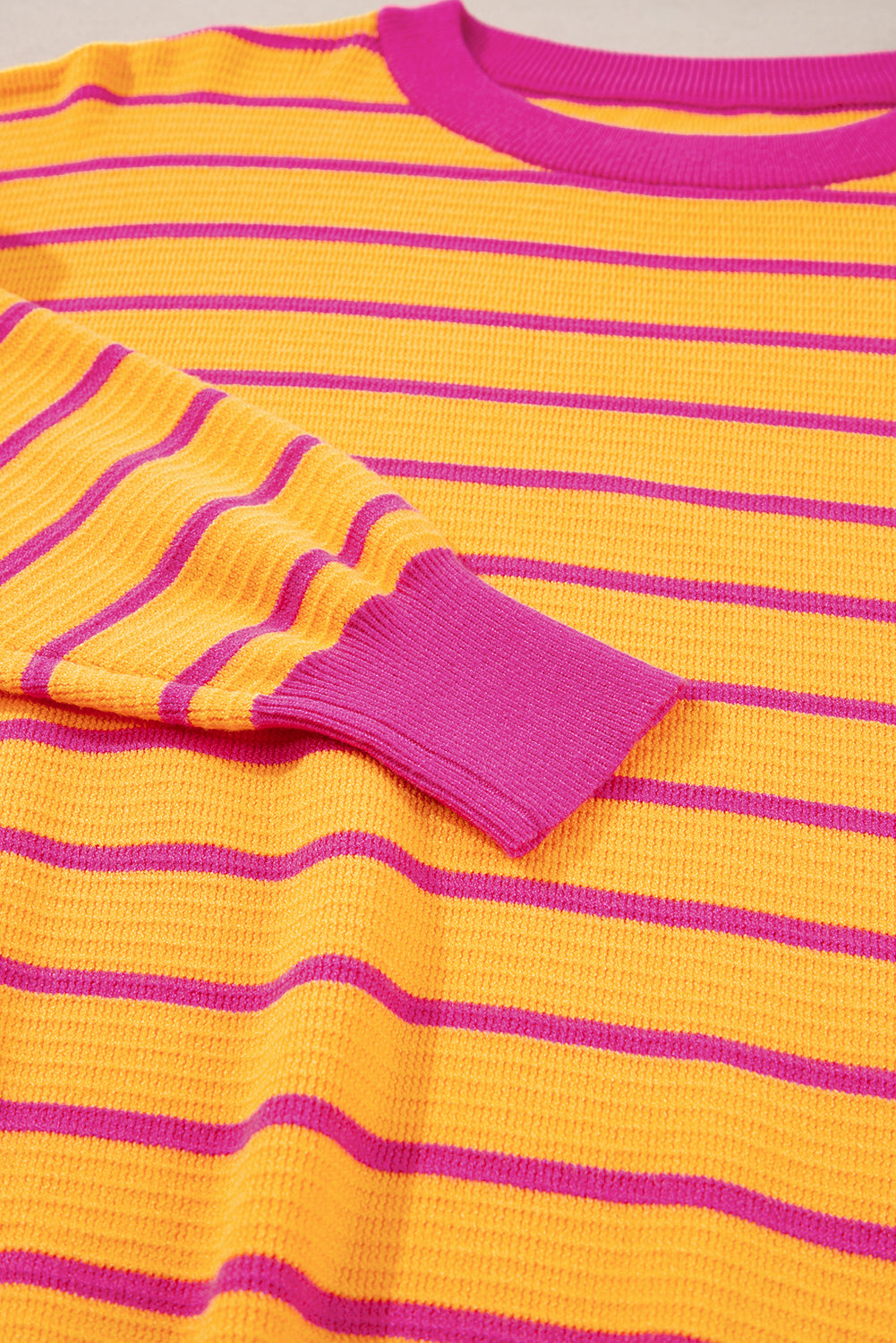 Pink Stripe Trimmed Round Neck Drop Shoulder Loose Sweater