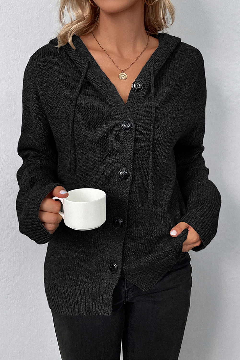 White Drawstring Hooded Button Up Drop Shoulder Sweater Cardigan