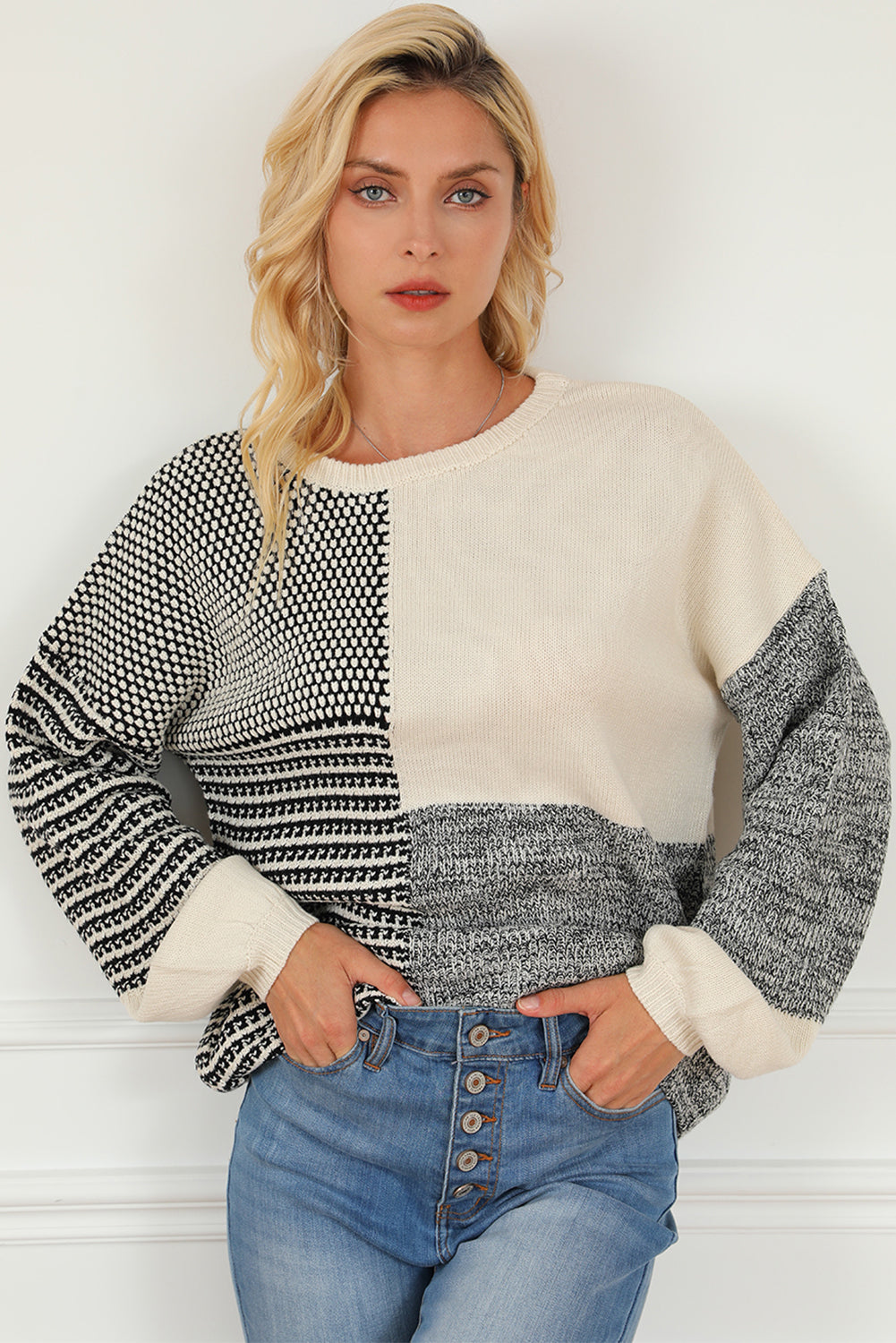 Bonbon Neutral Colorblock Tie Back Sweater