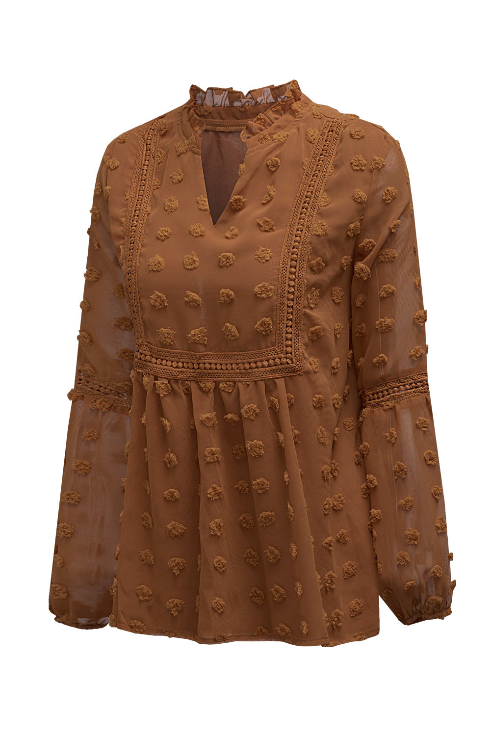 Blue Ruffled Split Neck Lace Hollow Out Puff Sleeve Polka Dot Blouse