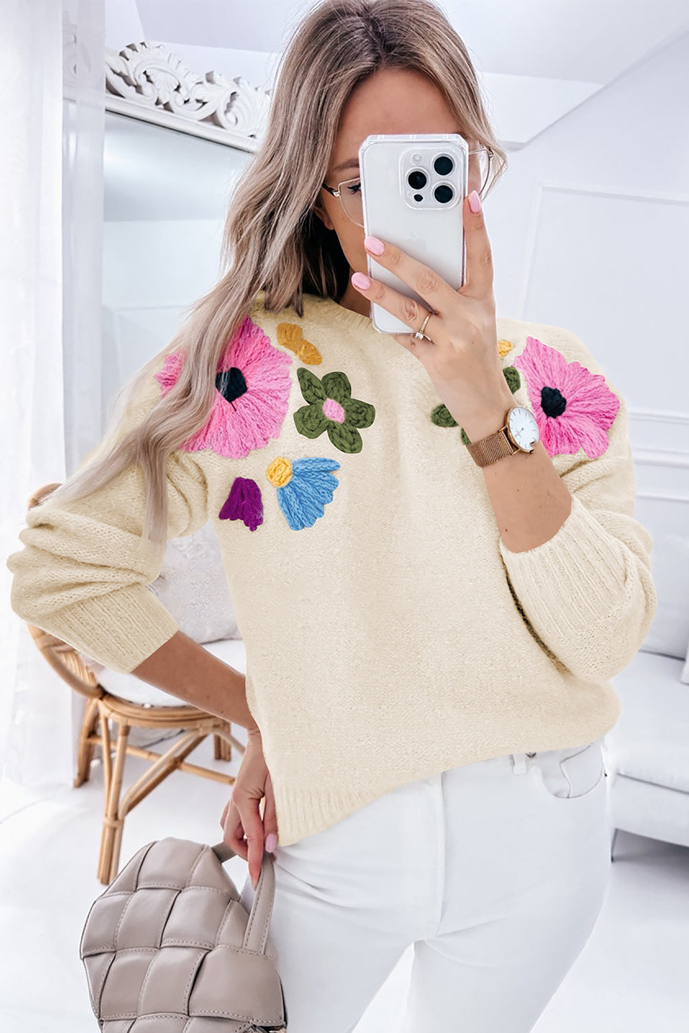 Light Blue Knitted Flower Pattern Ribbed Edge Sweater