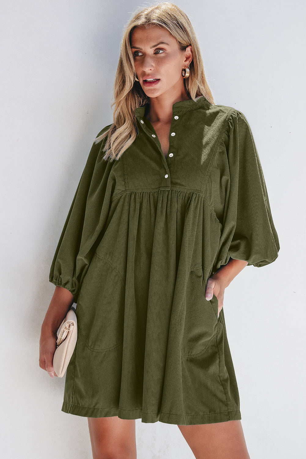 Gold Flame Corduroy Snap Buttons Empire Waist Bracelet Sleeve Dress