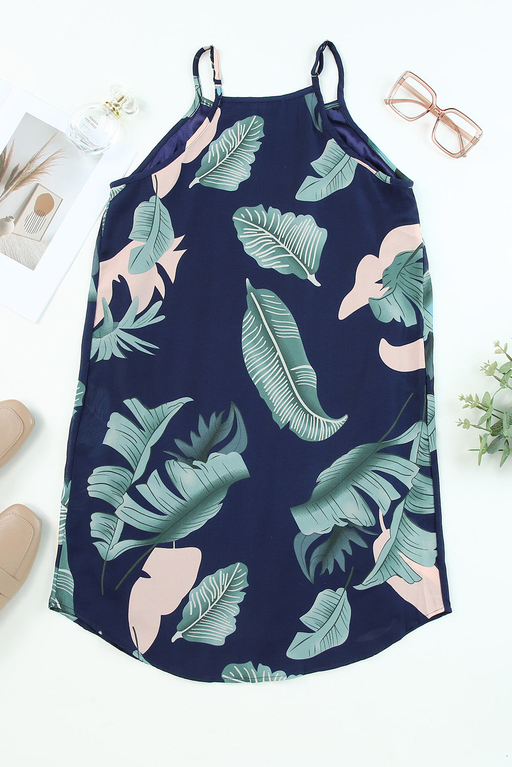 Palm Tree Leaf Print Navy Sleeveless Dress