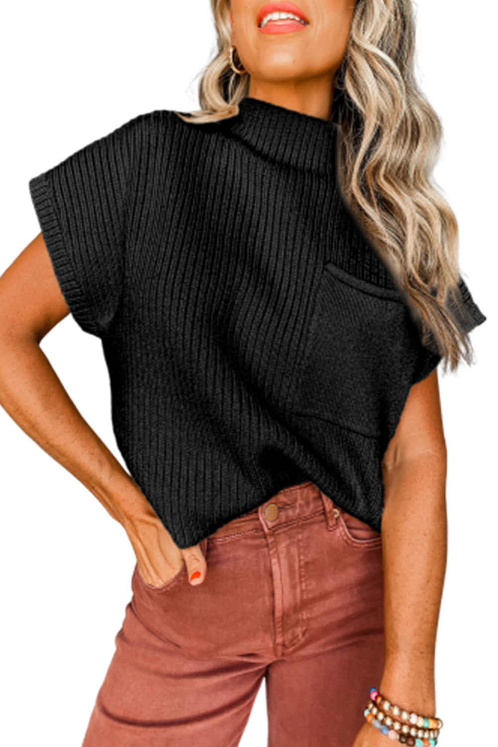 Beau Blue Patch Pocket Ribbed Knit Short Sleeve Sweater