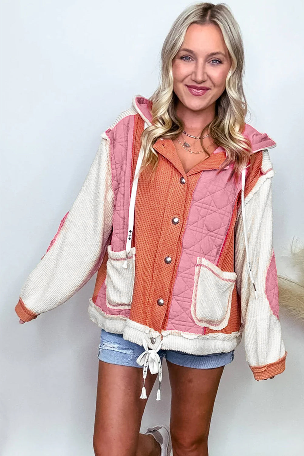 Light Blue Quilted Textured Patchwork Loose Fit Hooded Jacket