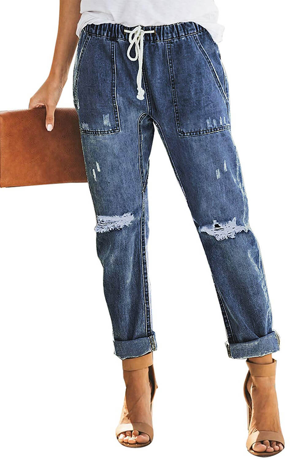 Sky Blue Gather Round Distressed Pocketed Denim Jogger