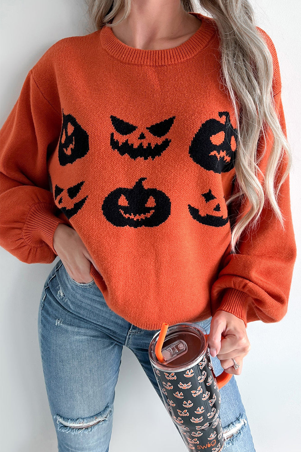 Black Halloween Pumpkin Face Pattern Drop Shoulder Sweater