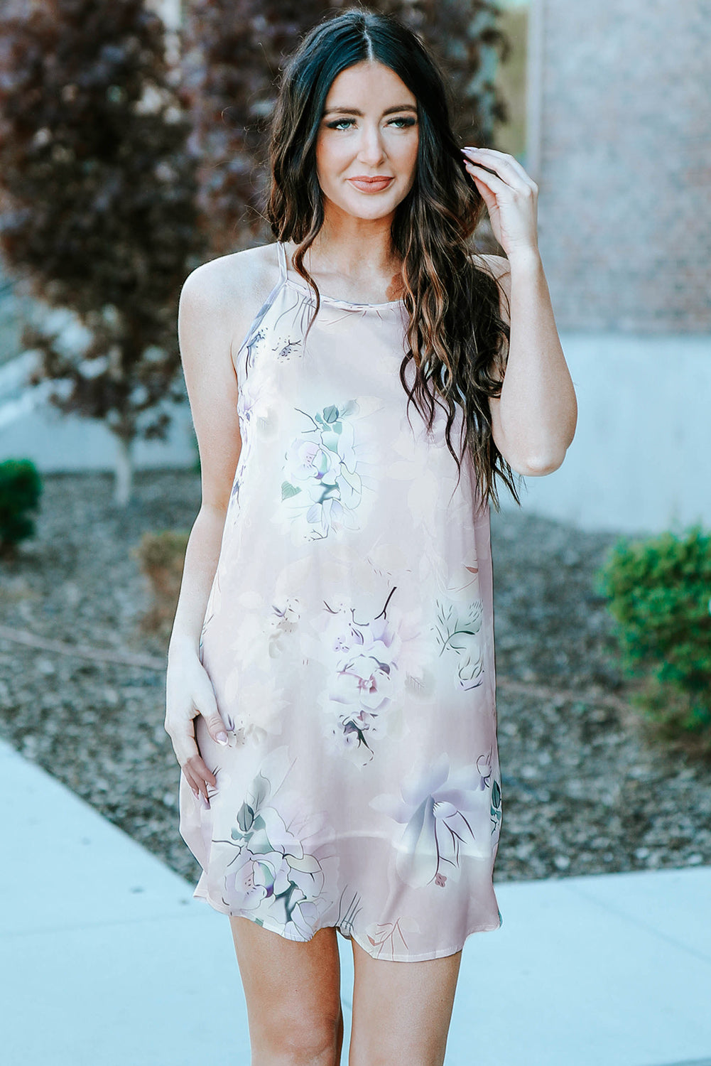 Palm Tree Leaf Print Navy Sleeveless Dress
