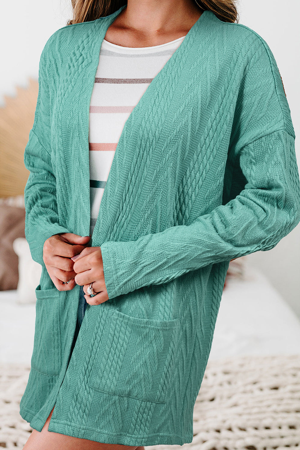 Medium Grey Solid Textured Open Front Cardigan with Pocket