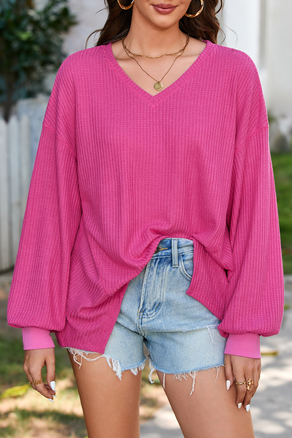 Orchid Petal Waffle V Neck Long Sleeve Drop Shoulder Loose Blouse