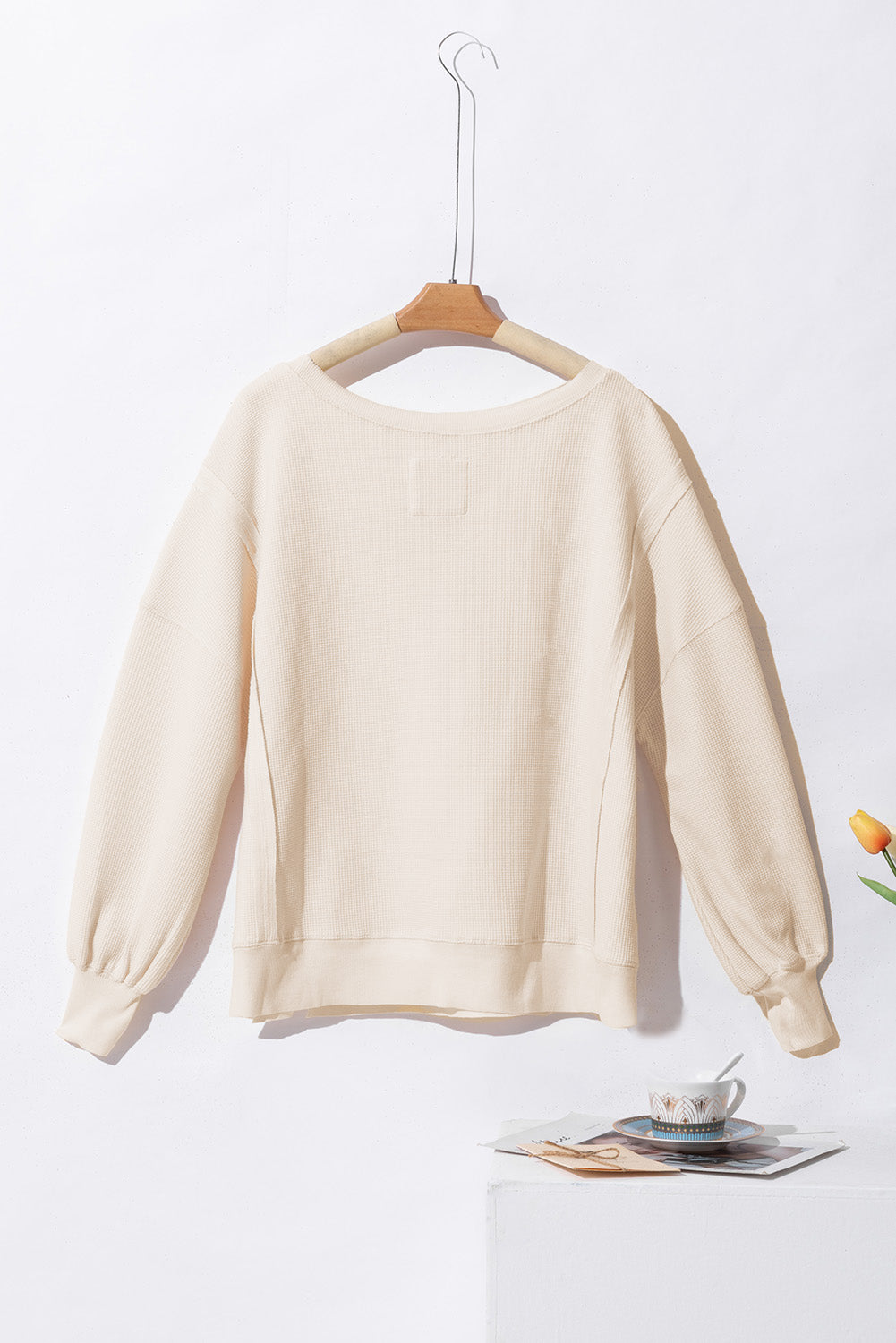 Gray Waffle knit Bishop Sleeve Split Oversized Top