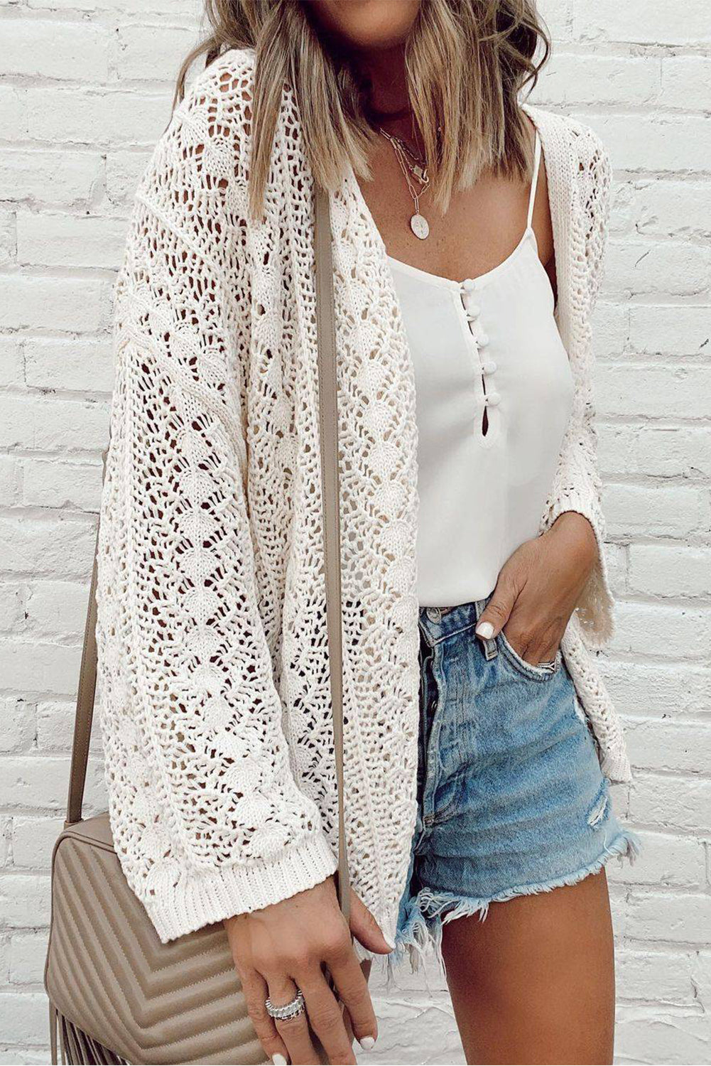 Black Hollow Out Knit Drop Shoulder Open Front Cardigan