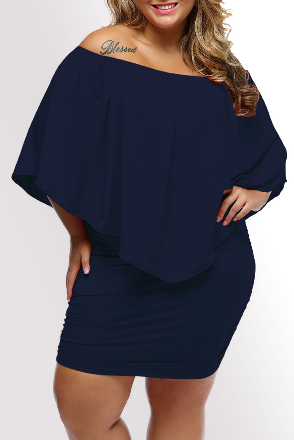 Multiple Dressing Layered Dark Blue Mini Poncho Dress