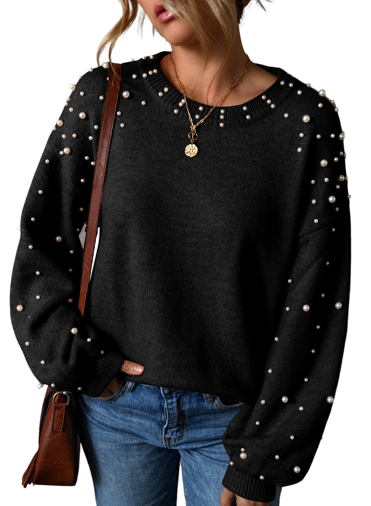 Light Grey Pearled Drop Shoulder Round Neck Sweater
