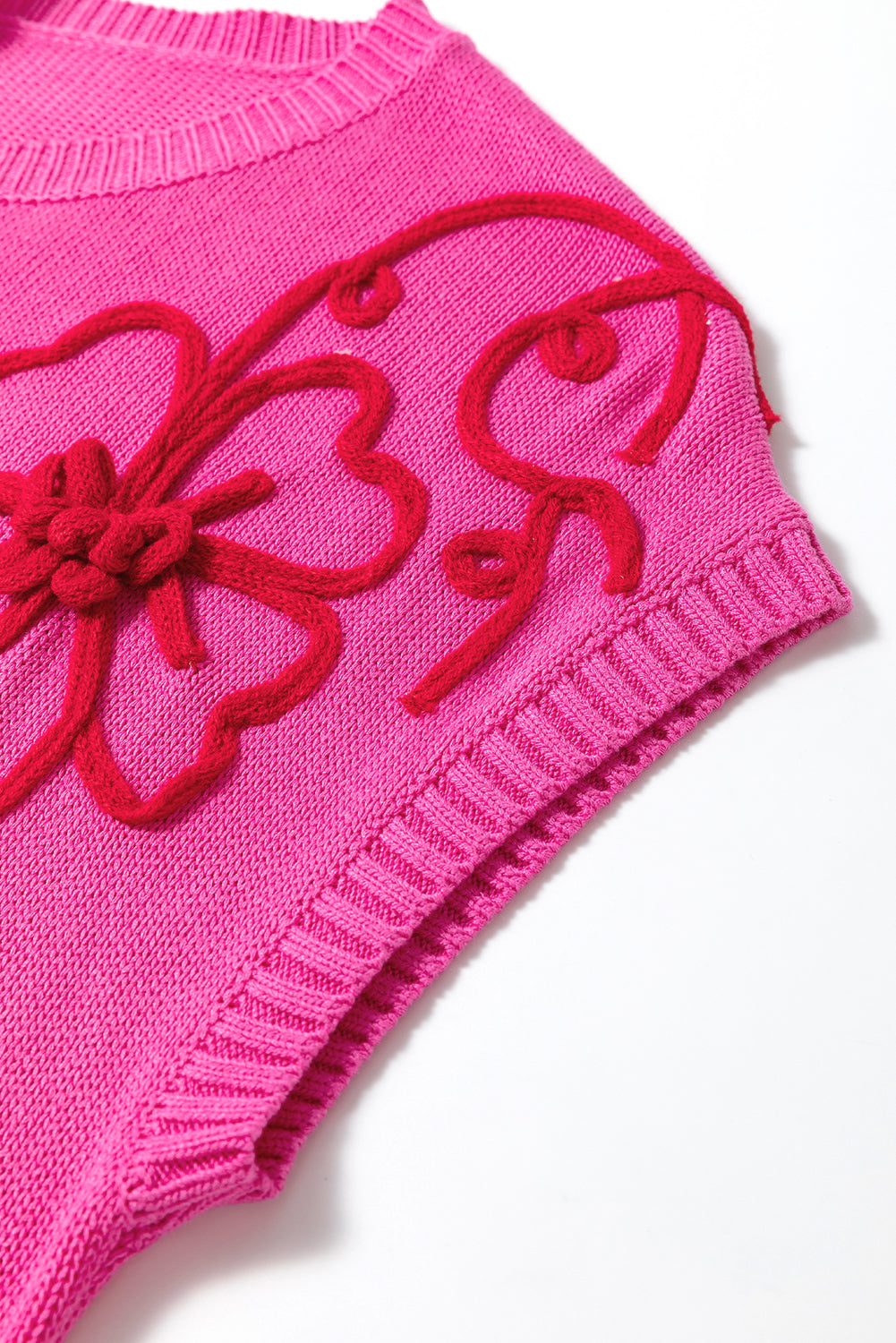 Bright Pink Flower Embroidery Short Sleeve Knitwear Top