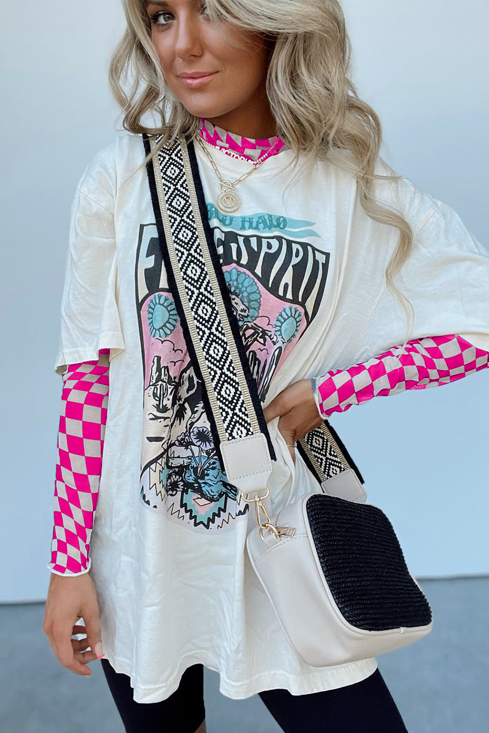 Khaki Checkered Pattern Mesh Mock Neck Long Sleeve Top
