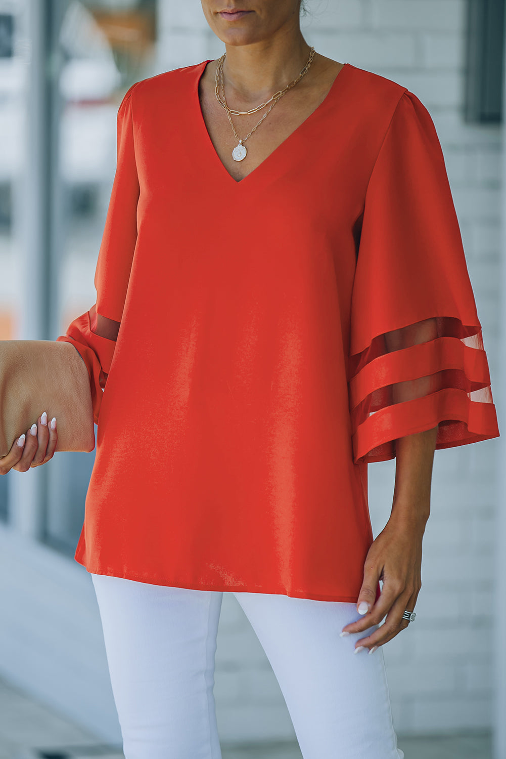 Green Flare Sleeve V Neck Loose Blouse
