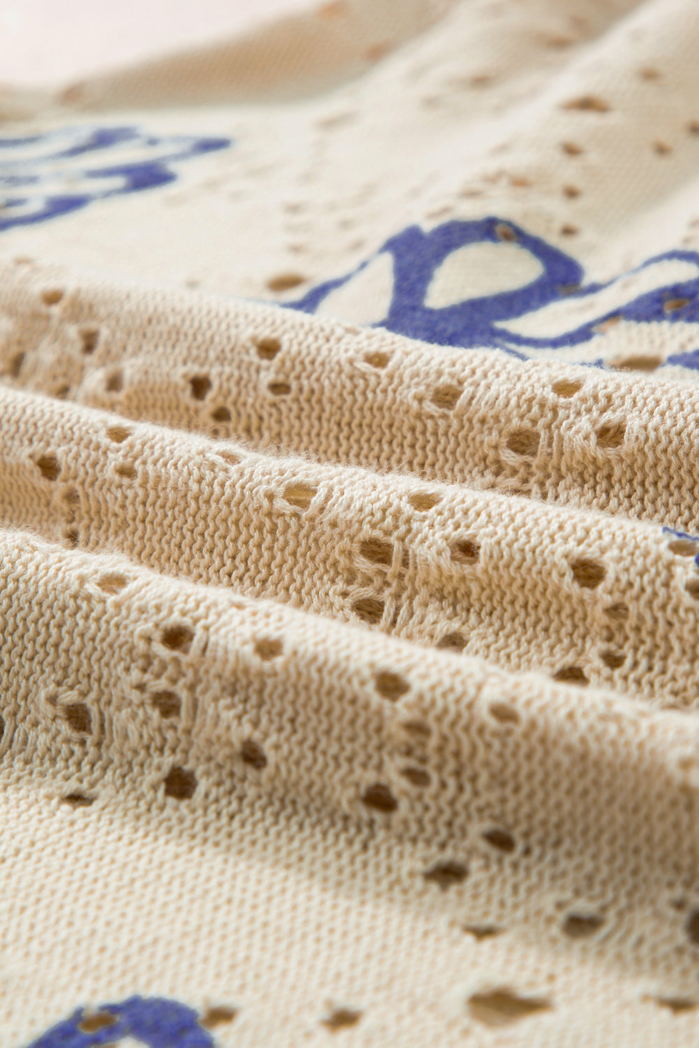 White Contrast Flower Print Eyelet Drop Shoulder Sweater