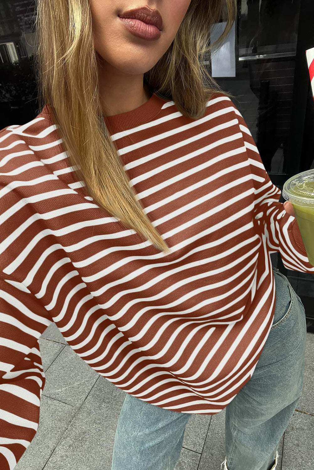 Burgundy Striped Long Sleeve Round Neck Loose Top