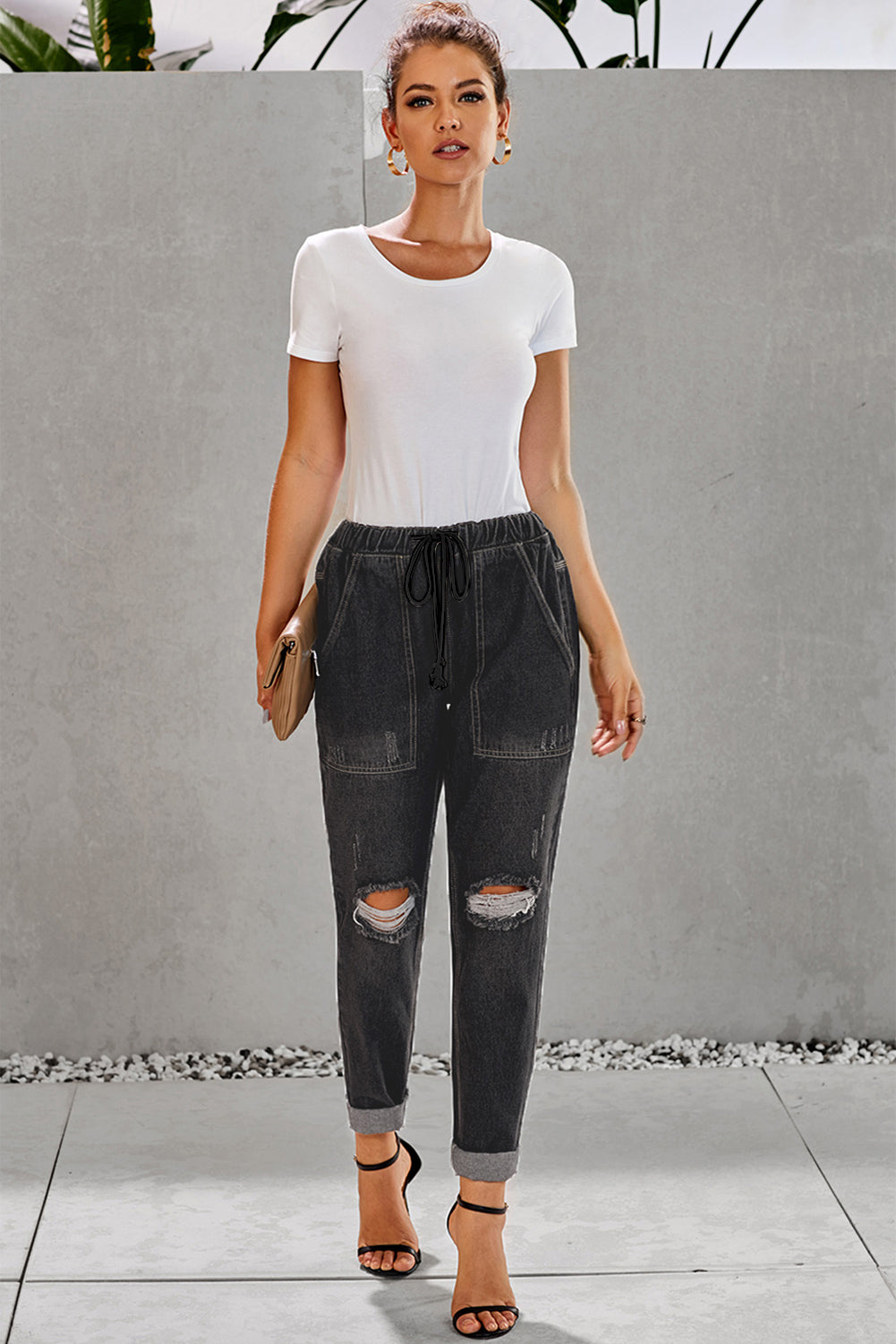 Sky Blue Gather Round Distressed Pocketed Denim Jogger